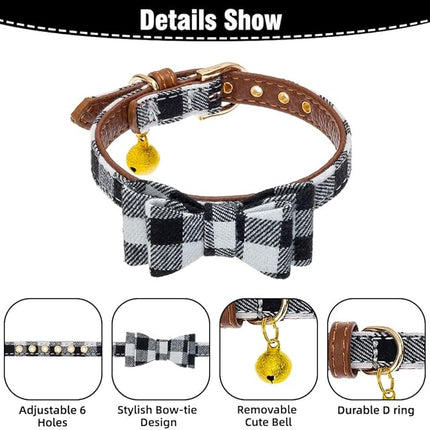 EXPAWLORER Dog Collar and Leash Set - Classic Plaid Dog Bow Tie and Dog Bandana Collar with Bell, Dog Leash Tangle Free, Adjustable Collars for Small Dogs Cats Puppies, Holiday Ideal Gift, XS