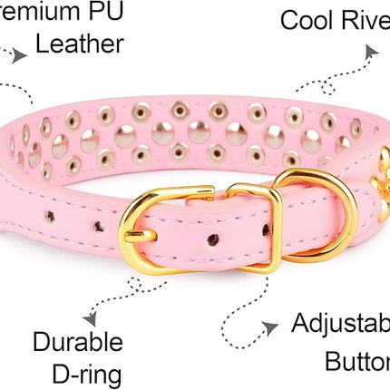 Epesiri Golden Spike Collar for Dogs, Gold Spiked Dog Collar, Durable PU Leather Studded Dog Collar with Leash, Funny Mushrooms Rivet Small Puppy Pet Cat Adjustable Collar, Pink XS