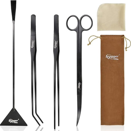 hygger Long Stainless Steel Premium Aquarium Tools, 4 PCS Aquatic Plant Tweezers Scissors Spatula Kits Comes with 1 Cleaning Cloth, for Fish Tank Starters