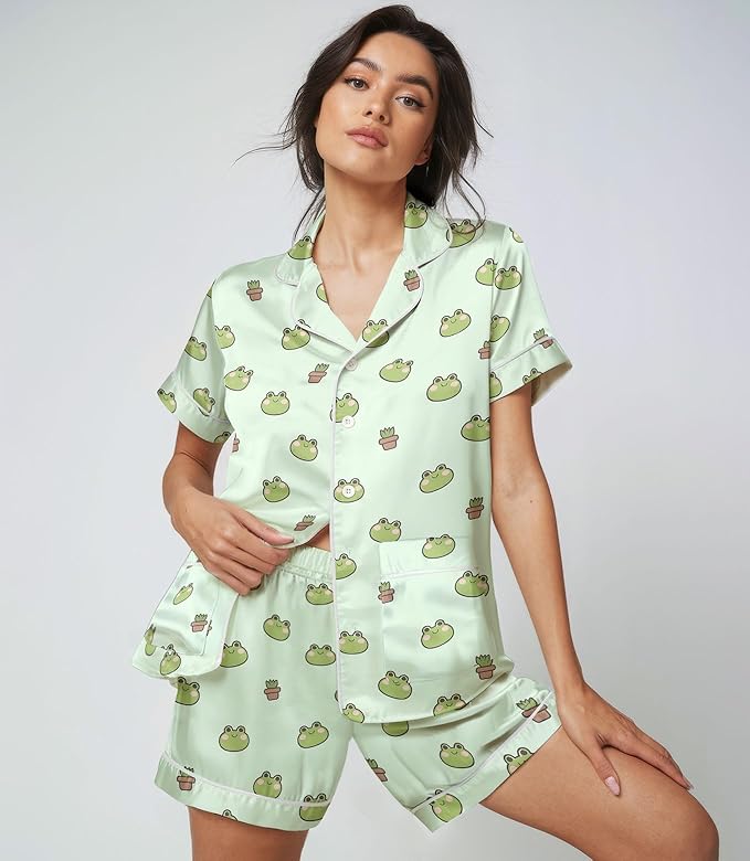 Women’s Silk Satin Pajama Set, Short Sleeve Button Down 2 Piece PJs with Shorts, Cozy Loungewear & Matching Holiday Pajamas