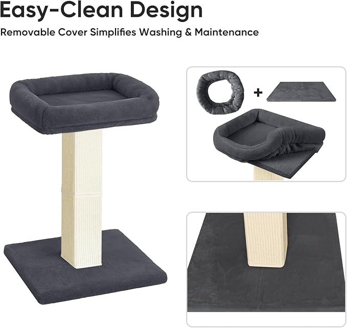 AGYM Cat Scratching Post, 32”Cat Scratcher with Large Plush Perch, Sisal & Carpet Scratching Post, Vertical Posts with Elevated Bed for Indoor Cats, Removable& Washable Cover, Darkgrey