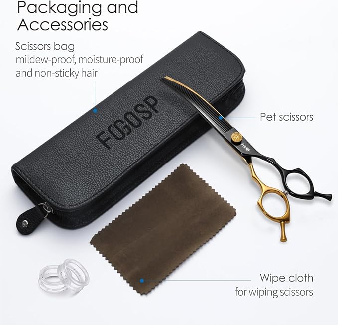 Curved Thinning Shears Dog Grooming 7.5 in Black & Gold Two Color Multipurpose Professional Dog Grooming Scissors for Large Pet 66 Teeth Japan 440C