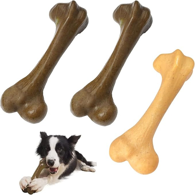 Indestructible Dog Bones for Aggressive Chewers, Durable Tough Puppy Teething Toys, Interactive Dog Toys for Medium/Large Breed, Beef & Chicken Flavor (3pcs)