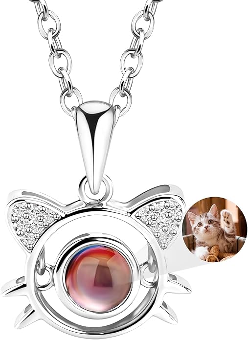 Personalized Picture Necklace with picture inside Custom Projection Necklace Cat/Dog Paw Print Pet Memorial Necklaces for Pet Lovers, Photo Gifts for Anniversary Dog Lovers