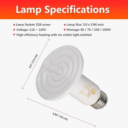 Energy Efficient 150W Heat Lamp Bulbs, Pack of 2 Ceramic Heat Emitters for Reptiles Geckos, Lizard, Bearded Dragon, Tortoise & Small Pets Basking (White, 150 Watts)