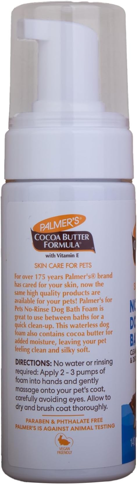 Palmer's for Pets Bath Foam with Cocoa Butter 5 Fl Ounces; Waterless Dog Grooming Foam with Vitamin E and Cocoa Butter, Foaming “Dry Shampoo” for Dogs