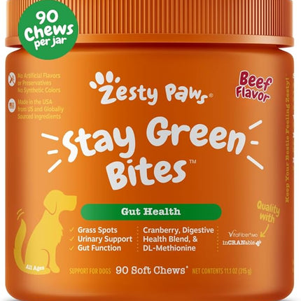 Zesty Paws Stay Green Bites for Dogs - Grass Burn Soft Chews for Lawn Spots Caused by Dog Urine - with Cranberry for Urinary Tract & Bladder - Beef - 90 Count
