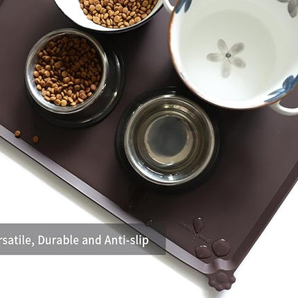 Hoki Found Large Silicone Pet Food Mat - Non Slip, Waterproof Dog Cat Bowl Mat - Dark Oak