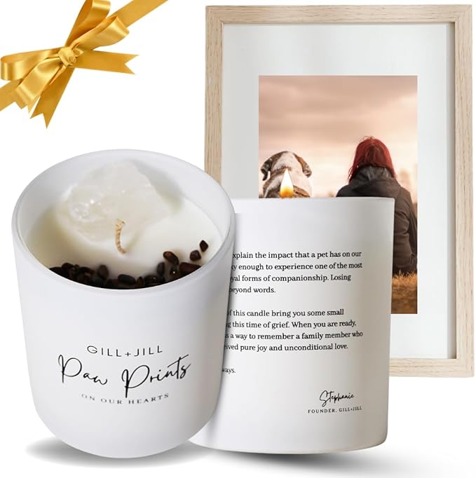 Premium Paw Prints Pet Memorial Candle – Dog Memorial Gifts for Loss of Dog, Pet Loss Sympathy Gift, Paraffin-Free Soy Wax with Tiger’s Eye, Clear Quartz & Coffee Beans – Thoughtful Remembrance Gift