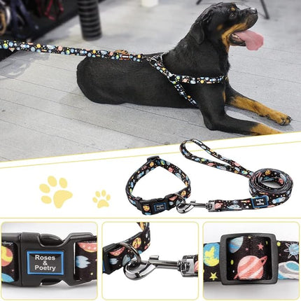 Roses&Poetry Dog Collar and Leash for Medium Large,Adjustable Durable Blue 5ft Puppy Leash Collar for Dog Training Lead（Star-L）