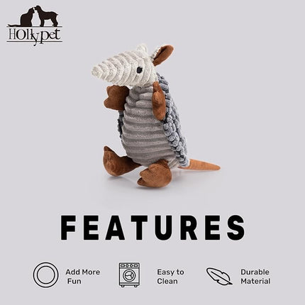 Hollypet Plush Dog Squeaky Toy Stuffed Armadillo Animal Pet Puppy Chew Toys with Clean Teeth for Small Medium Large All Breed Sizes Dogs, Dark Gray, 8 in