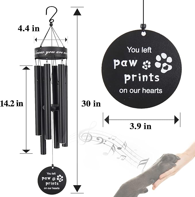 Pet Memorial Wind Chimes, 30 Inches Paw Print Pet Remembrance Gift to Honor and Remember a Dog, Cat, or Other Pet, Premium Metal Wind Chime, Black