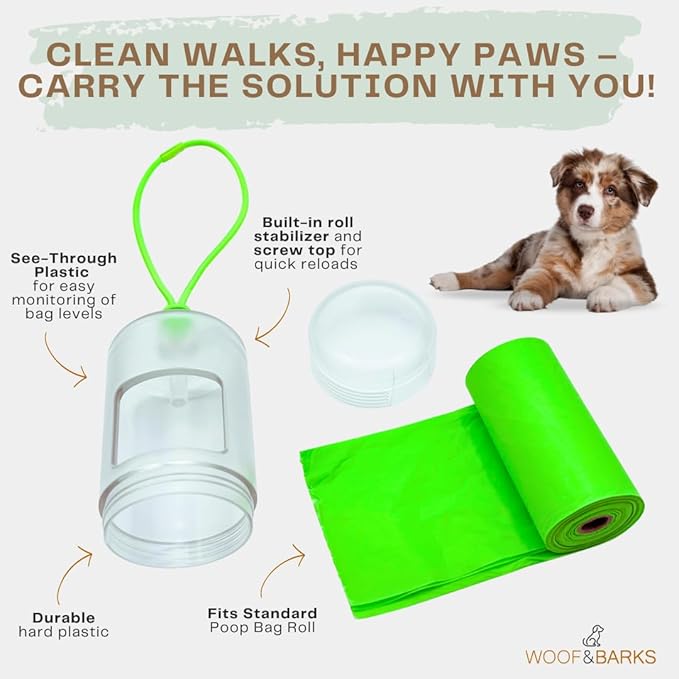 Woof & Barks CLEAR Dog Poop Bag Holder and Dispenser with Leash Attachment, Includes 1 Standard Roll of Green Poop Bags