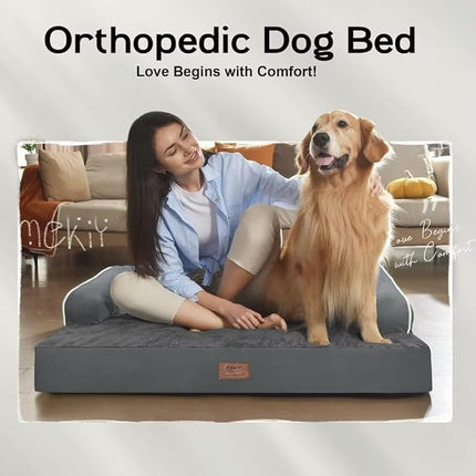Large Dog Bed Orthopedic Washable: Dark Grey Dog Bed with Waterproof Cover and Removable Bolster, Egg Foam Couch Sofa for Medium XXXLarge Dogs