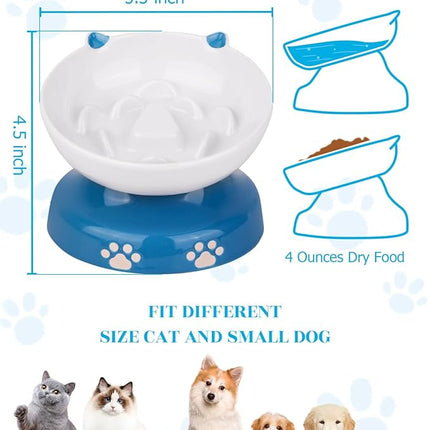 Y YHY Ceramic Slow Feeder Cat Bowl, Elevated Cat Bowl Tilted Design Slow Feeder for Dog and Cat for Dry and Wet Food, Blue