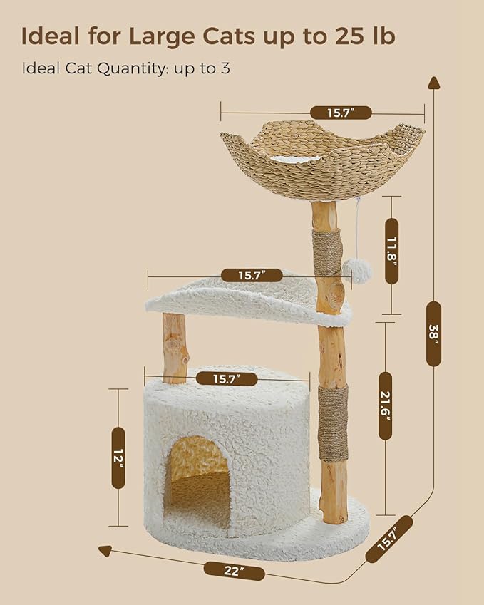 Modern Cat Tree Tower for Large Cats, Wood Cat Tower with Natural Scratching Post, Solid Wood Condo, Real Branch Luxury Cat Furniture with Curved Bed, Top Basket, White