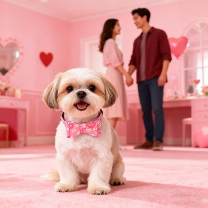EXPAWLORER Valentine's Day Dog Collar and Leash Set - Pink Heart Dog Bow Tie and Dog Bandana Collar with Bell, Dog Leash Tangle Free, Adjustable Collars for Small Dogs Cats, Holiday Ideal Gift, S