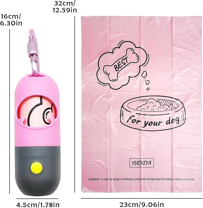 Dog Poop Bags Holder with LED Flashlight|Pet Waste Bags Dispenser for Leash|Doggie Potty Bags Container with Leak-proof Pet Trash Bags and Accessories (1 Holder 195 Bags, Pink)