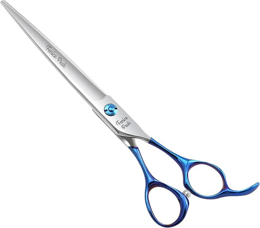 Fenice Peak Grooming Scissors for Dogs 7 inch Straight Pet Grooming Scissors Ergonomically Designed Blue Handles Ideal Dog Shears for Precise Trimming Easy Use.