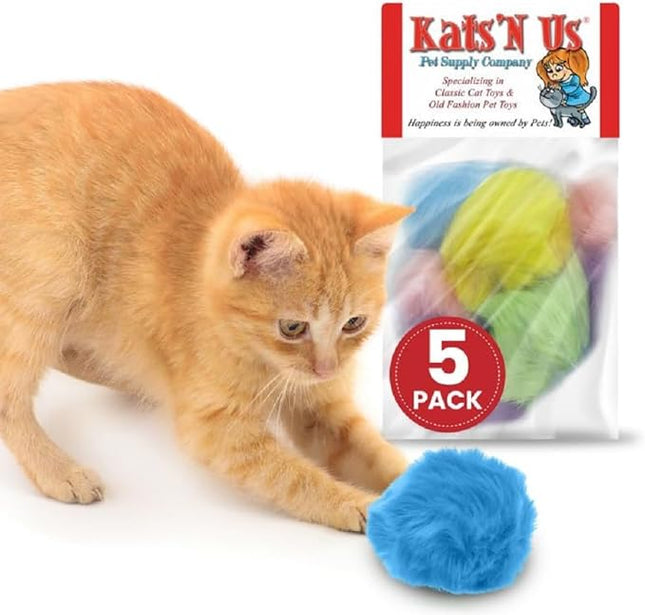 Kats'N Us 2 Inch Pack of 5 Real Rabbit Fur Pom Pom Cat Toy Balls – Multicolored Soft Interactive Toys for Indoor Cats & Kittens, Perfect for Chasing, Batting, Training & Self Play Fun