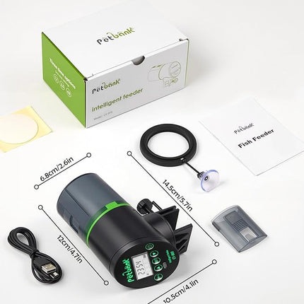 Automatic Fish Feeder for Aquarium - Rechargeable Fish Food Auto Dispenser Vacation Turtle Feeder with USB Charger Cable，LCD Screen, Customized Schedule，Black