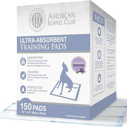 American Kennel Club Ultra Absorbent Odor Control Scented Training Pads For Dogs Leak-proof Quick Dry Gel – 22 x 22 Puppy Pads - Lavender Scented - Pack of 150