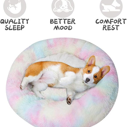 Cat Beds for Indoor Cats - Anti Anxiety Round Dog Beds for Small Medium Dogs, Fluffy Plush Faux Fur Pet Bed (Rainbow, Large 24" L x 24" W)