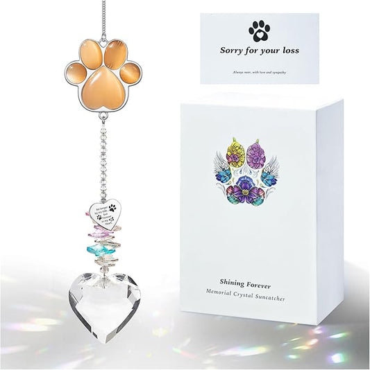 Pet Memorial Suncatcher - Dog Memorial Gifts, Pet Loss Sympathy, Thoughtful Dogs and Cats Bereavement Remembrance Gifts, Natural Cat's Eye Paw Crystal Suncatcher(Orange Red)
