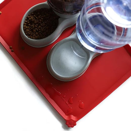 Hoki Found Large Silicone Non-Slip Pet Dog Cat Bowl Mats - Waterproof Dog Cat Food Mats - Classic Red