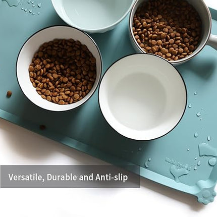 Hoki Found L Silicone Non Slip Pet Food Tray - Dog Cat Bowl Mats - Waterproof Dog Cat Food Mats for Carpet - Light Turquoise