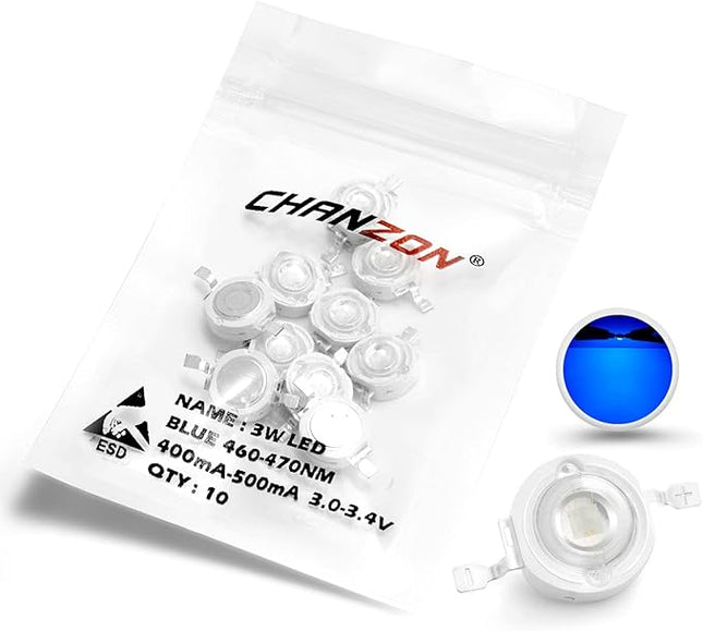 CHANZON 10 pcs High Power Led Chip on Board 3W Blue (400mA - 500mA / DC 3V - 3.4V / 3 Watt) Super Bright Intensity SMD COB Light Emitter Components Diode 3 W Bulb Lamp Beads DIY Lighting