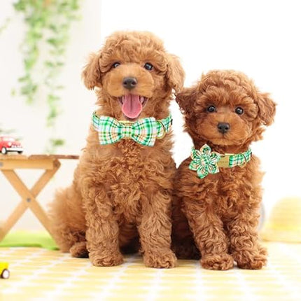 ARING PET Bowtie Dog Collar, Adorable Green Grid Dog Collars with Detachable Bow, Adjustable Collar Gifts for Small Medium Large and Girl Boy Dogs