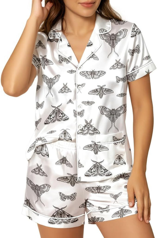 Women’s Silk Satin Pajama Set, Short Sleeve Button Down 2 Piece PJs with Shorts, Cozy Loungewear & Matching Holiday Pajamas