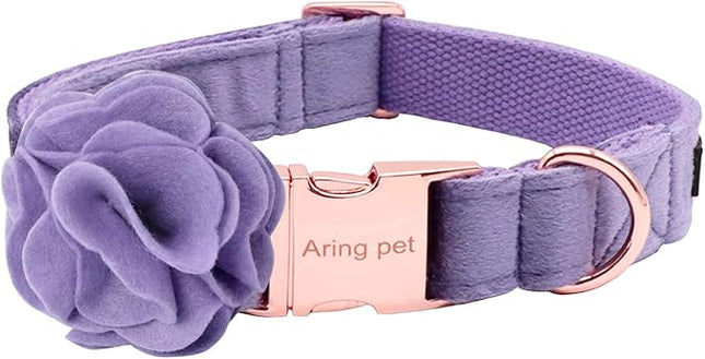 ARING PET Velvet Dog Collars, Purple Soft Pet Collar with Detachable Felt Flower Metal Buckle for Puppy Small Medium Large Boy Girl Dogs-L