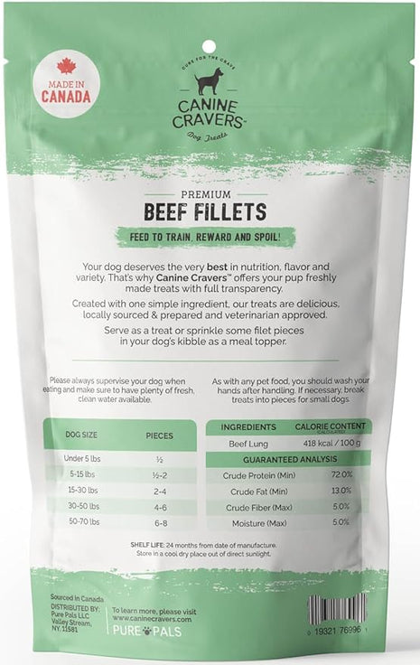 Canine Cravers Single Ingredient Dog Treats – Premium Beef Fillets - Human Grade Air Dried Hypoallergenic Pet Food – Grain, Gluten, and Soy Free – 100% All Natural - 5.3 oz