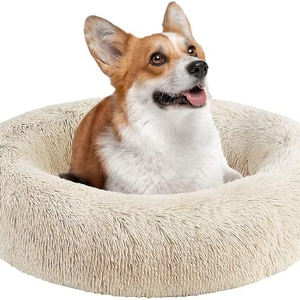 Friends Forever Calming Dog Bed for Medium Dogs, Donut Medium Pet Bed, 30 Inches Memory Foam Orthopedic Dog Bed with Fluffy Plush Faux Fur, Machine Washable, Serena Tan, 30"x23"x6.5"