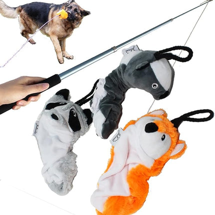 Jalousie Collapsible Dog Flirt Pole with Three Squeaky Toys Plush Toys Dog Teaser Wand Chase it Toy with Refills Upgraded Rope