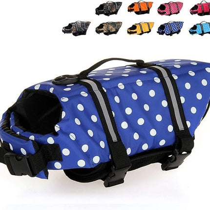 HAOCOO Dog Life Jacket Vest Saver Safety Swimsuit Preserver with Reflective Stripes/Adjustable Belt Dogs?Blue Polka Dot,XXS