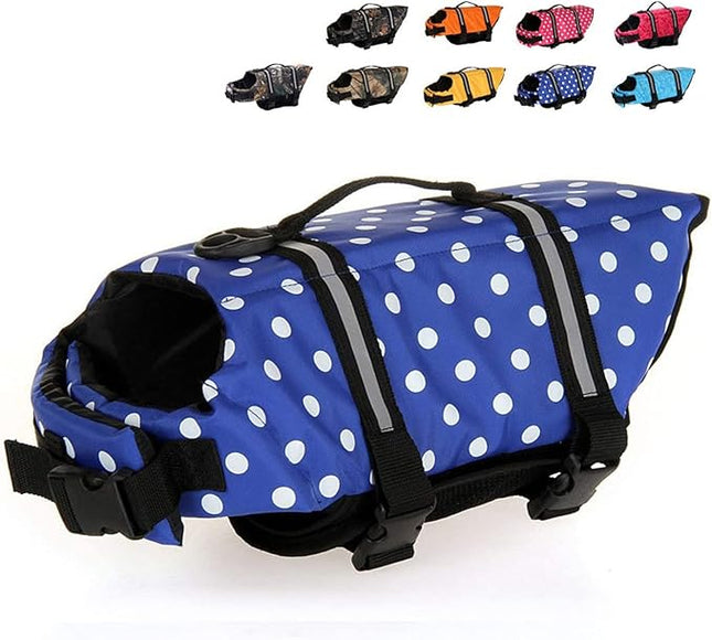 HAOCOO Dog Life Jacket Vest Saver Safety Swimsuit Preserver with Reflective Stripes/Adjustable Belt Dogs?Blue Polka Dot,XXS