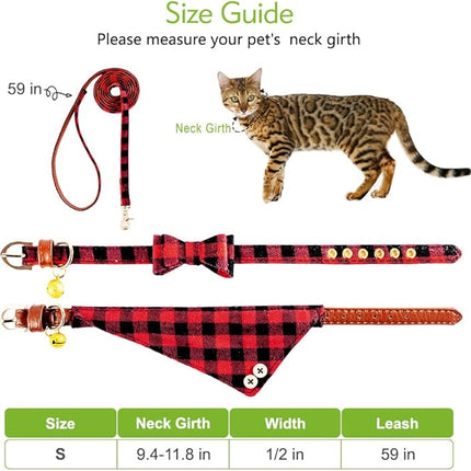 EXPAWLORER Dog Collar and Leash Set - Classic Plaid Dog Bow Tie and Dog Bandana Collar with Bell, Dog Leash Tangle Free, Adjustable Collars for Small Medium Large Dogs Cats, Holiday Ideal Gift