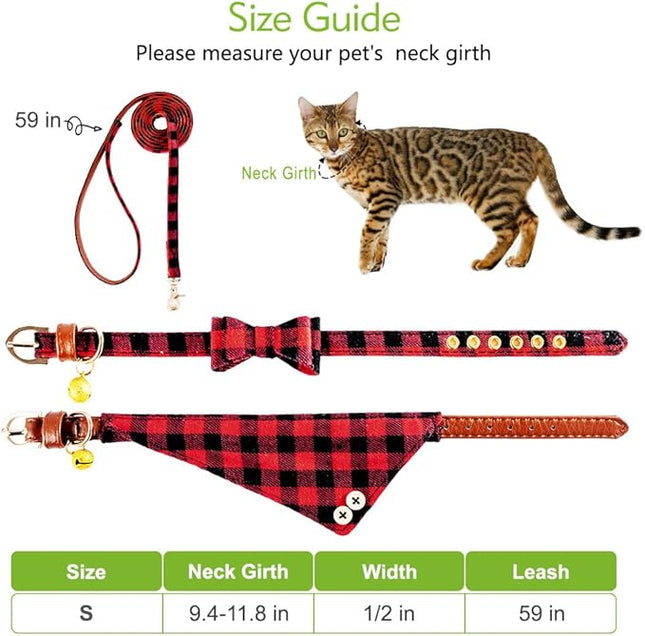EXPAWLORER Dog Collar and Leash Set - Classic Plaid Dog Bow Tie and Dog Bandana Collar with Bell, Dog Leash Tangle Free, Adjustable Collars for Small Medium Large Dogs Cats, Holiday Ideal Gift