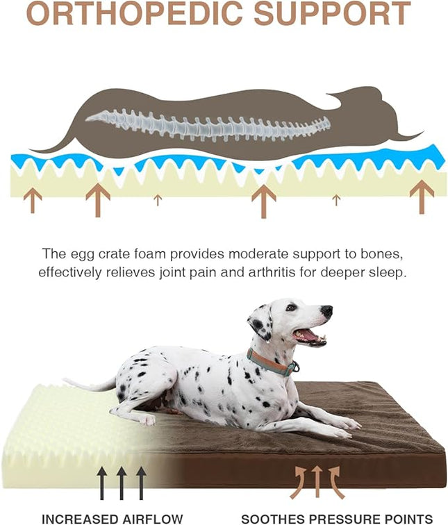 KSIIA Orthopedic Dog Bed Crate Waterproof Pet Mats for Extra Large Dogs Deluxe Plush Washable Pet Bed with Egg Crate Foam & Removable Cover, 47 x 29 Inch, Brown
