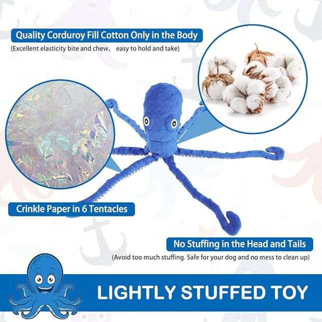 EXPAWLORER Octopus Dog Toy - Long Dog Squeaky Toys Puppy Birthday Gift Soft Stuffed Chew Toy, Crinkle Paper and Built-in Squeaker Durable Interactive Plush Toy for Small Medium Large Dogs, Blue