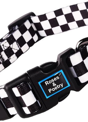 Roses&Poetry Dog Collar with Colourful Checkered Patterns, Adjustable Durable Puppy Collars for Small Medium Large Dogs (Black & White-XS)