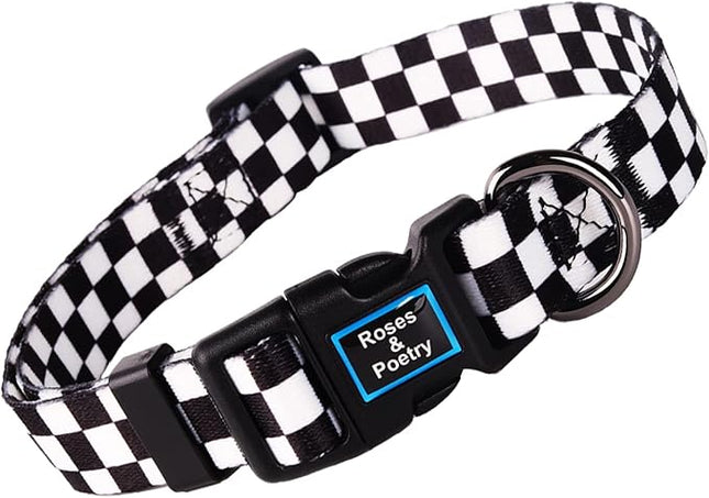 Roses&Poetry Dog Collar with Colourful Checkered Patterns, Adjustable Durable Puppy Collars for Small Medium Large Dogs (Black & White-S)