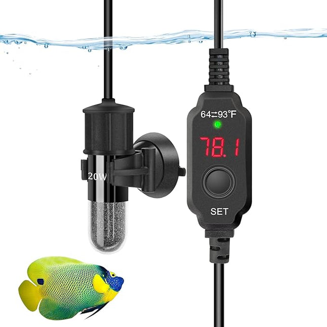 Adjustable Mini Aquarium Heater 0.5/1/2/3 Gallon Submersible Small Fish Tank Heater 10W/20W/30W Digital Display Thermostat External Temperature Controller(20W)