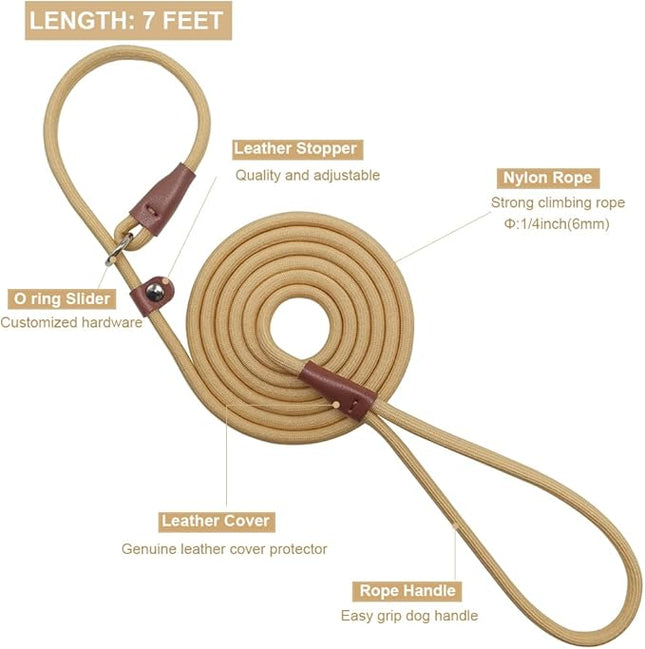 BTINESFUL 7FT Slip Lead Dog Leash, Strong Nylon Rope Leash, 1/4 inch Diam Dog Training Lead for Small Medium Large Dogs, Beige