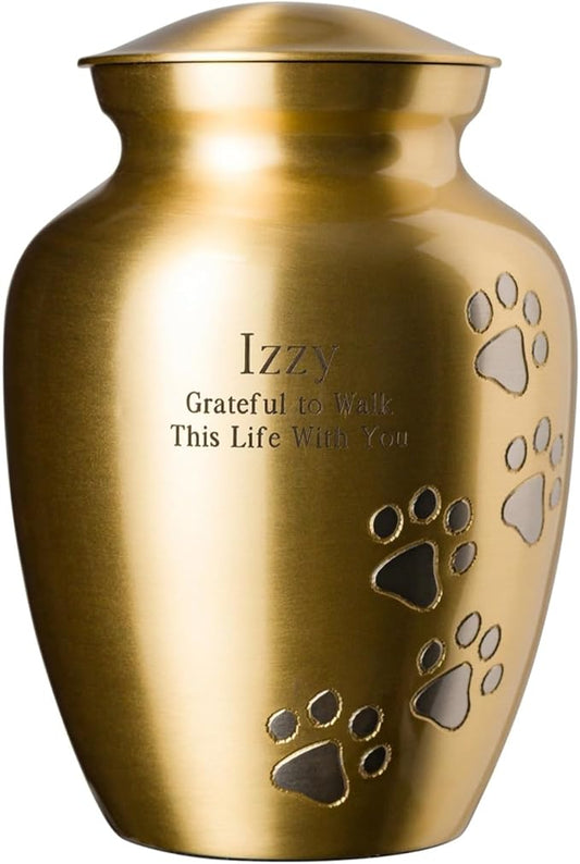 Ottillie Paws Elite Series Personalized Pet Urn for Dogs and Cats - Pet Memorial Urns with Custom Engraving (Brass, Vertical, Pewter, Large)