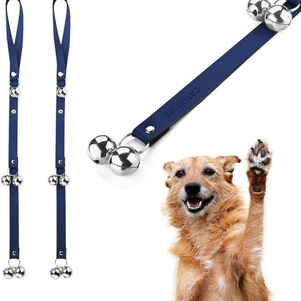 Leather Dog Doorbells for Door Knob/Potty Training/Go Outside, Length Adjustment Copper Dog Bell, Housetraining Hanging Bell, Blue Leather Silver Bells - 2 Pack