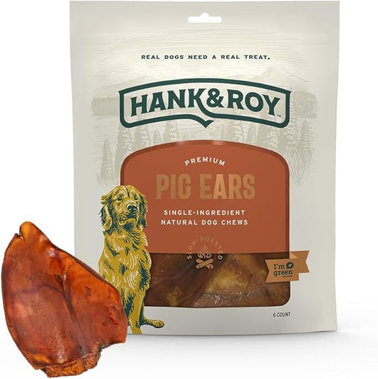 Hank & Roy Pig Ears for Dogs, All-Natural, Single-Ingredient, Long Lasting, Easily Digestible Whole Pig Ear Dog Treats, Antibiotic and Hormone Free, Individually Wrapped for Odor Control and Freshness